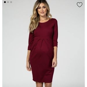 Burgundy 3/4 Sleeves Front Pleated Maternity Dr